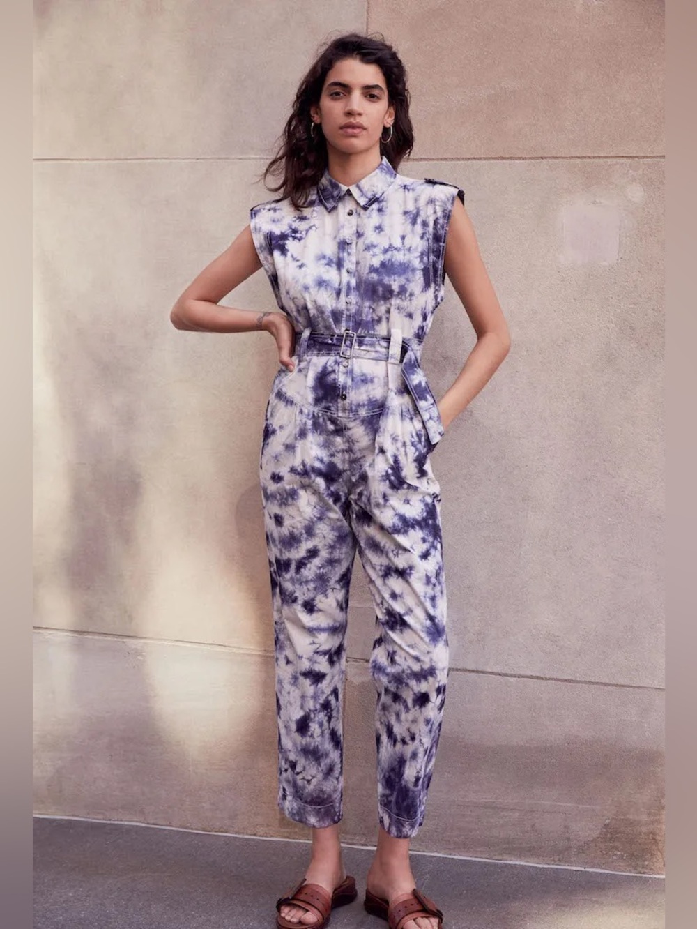 Rebecca Taylor La Vie Blue Whit Tie Dye 100% Cotton Belted Jumpsuit Large